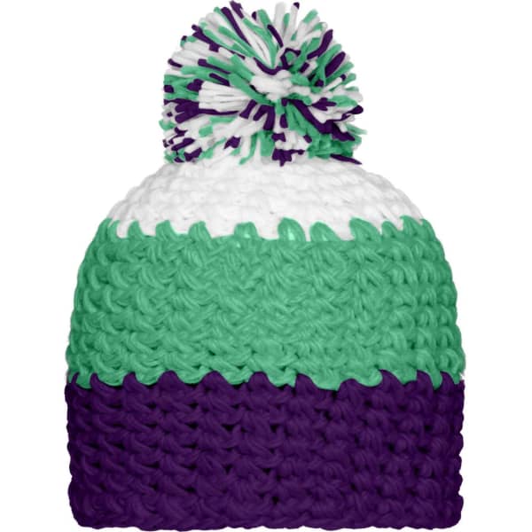 A beanie with a pompon, featuring green, white, and purple stripes in a knitted design. It includes a colourful pompom on top.