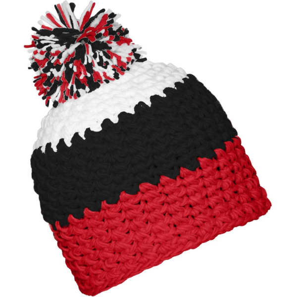 A beanie with a pompon, featuring a design in red, black, and white colours. The item has a logo on it.