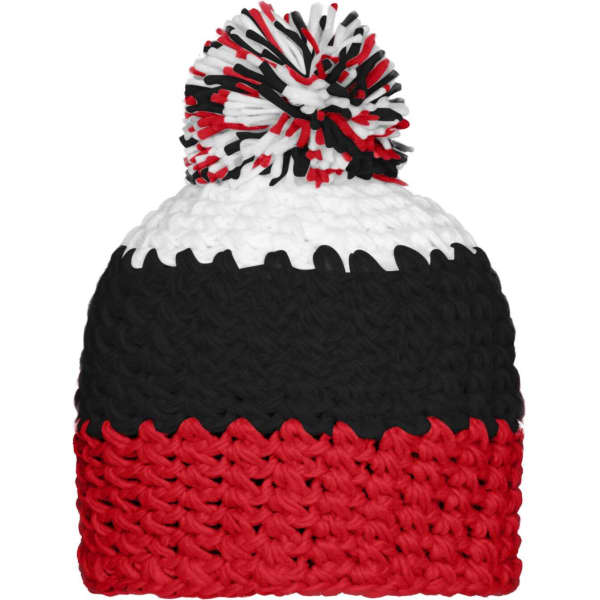 A beanie with a pompon featuring black, red, and white stripes and a multi-coloured pompon on top.