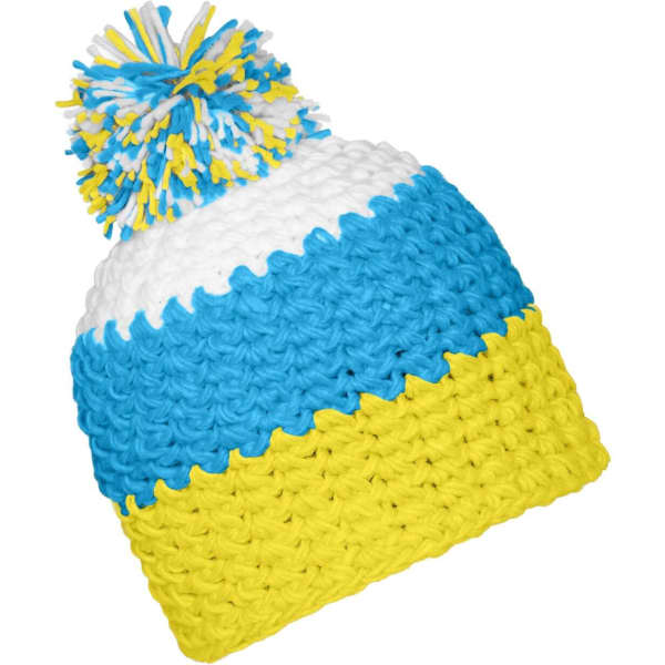 A blue, yellow, and white beanie with a large pompon on top and a logo on the side.
