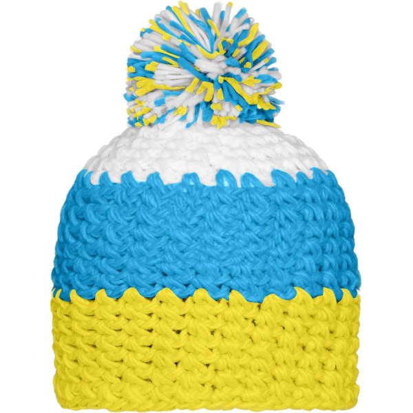 A knitted beanie in blue, white, and yellow with a decorative pompon on top. It features a logo.