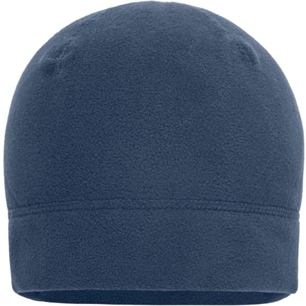 A microfleece beanie in navy blue, featuring a seamless design and no visible branding.