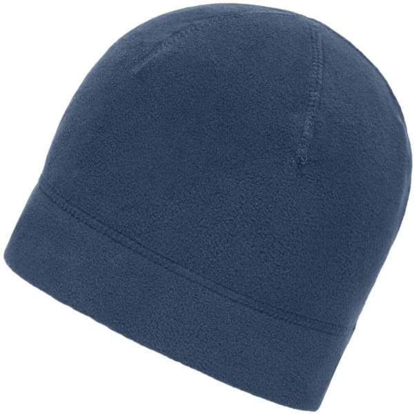 A navy blue microfleece beanie with a smooth, soft texture and a simple design. It features a logo.