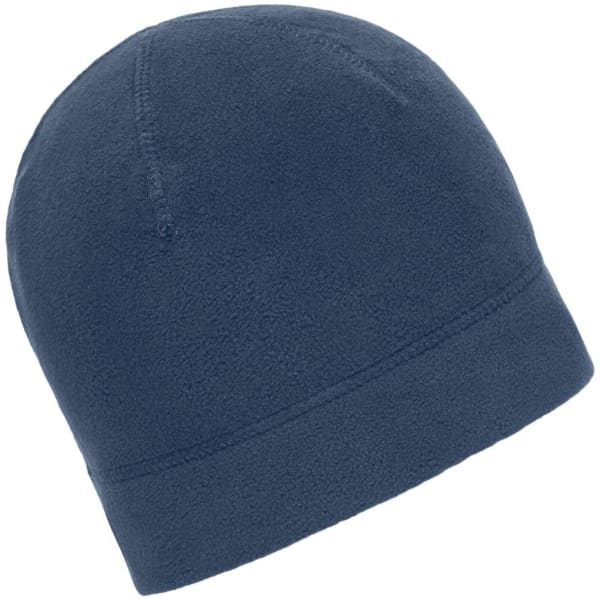 A navy microfleece beanie with a simple, seamless design. It has a small logo on the side.