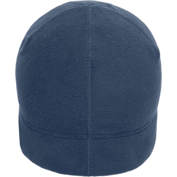 A microfleece beanie in navy blue with a smooth, seamless design and a subtle branding logo.