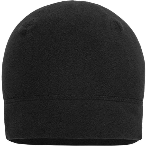 A black microfleece beanie with a seamless design and soft texture, featuring a logo.