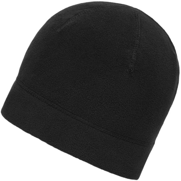 A black microfleece beanie with a soft texture and a simple design, featuring a logo.