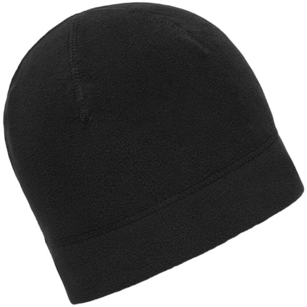 A black microfleece beanie, soft in texture with a simple, seamless design. It features a logo.