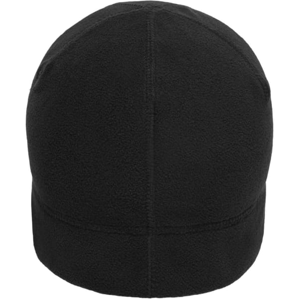 A black microfleece beanie with a simple design and neat stitching visible. It has a branding logo on it.