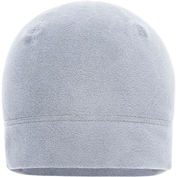 A grey microfleece beanie with a seamless design and soft texture. It features a small branding logo.