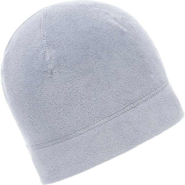 A light grey microfleece beanie with a simple design and a smooth texture. It features a branding logo.
