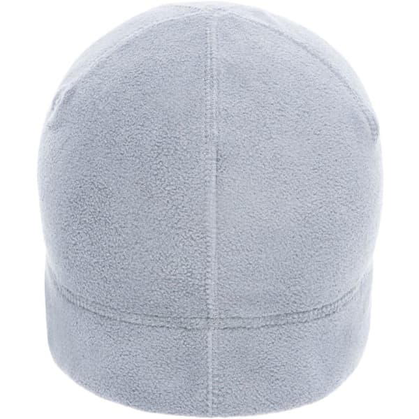 A light grey microfleece beanie with a rounded top and simple design. It features a logo on the exterior.