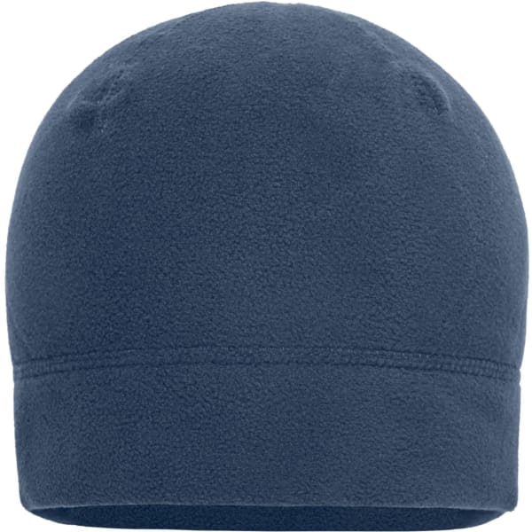 A microfleece beanie in navy blue, featuring a simple design with a logo.