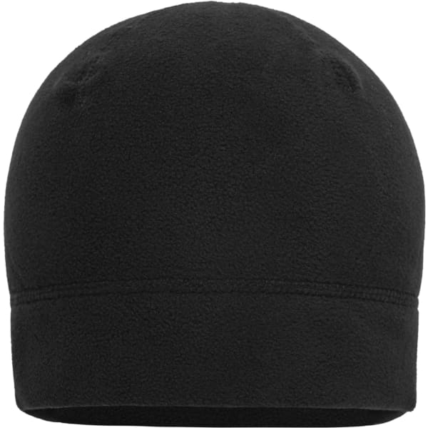 A black microfleece beanie with a smooth finish and stitching details, featuring a logo on the side.