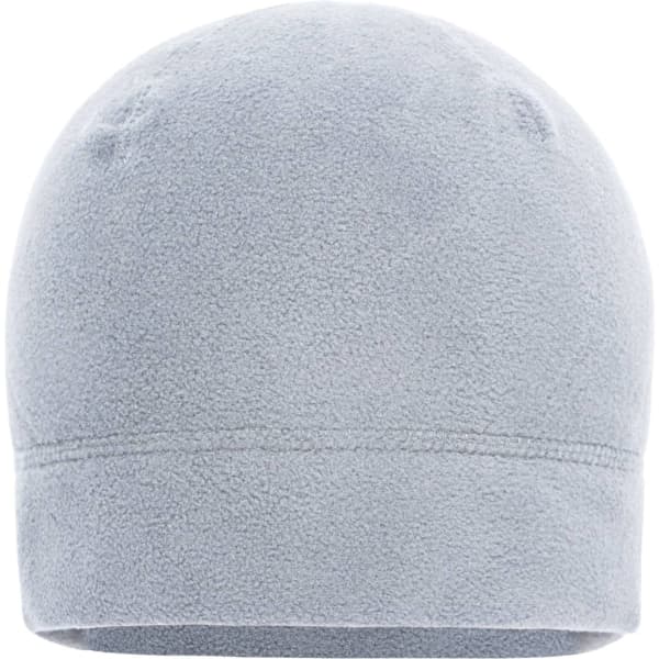 A light grey microfleece beanie with a smooth texture and fitted design. It features a minimalistic look.