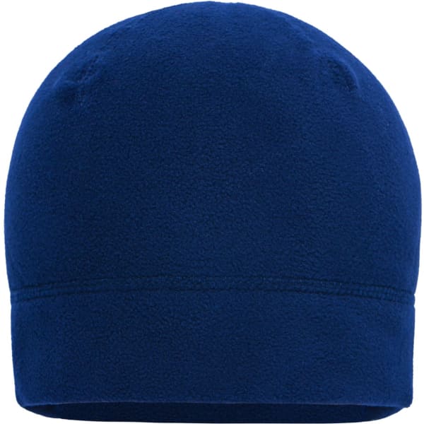 A navy microfleece beanie with a smooth, seamless design and a small logo displayed.