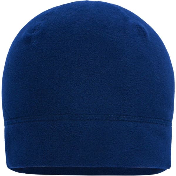 A navy microfleece beanie with a smooth texture and a snug fit. It features a small logo on the side.