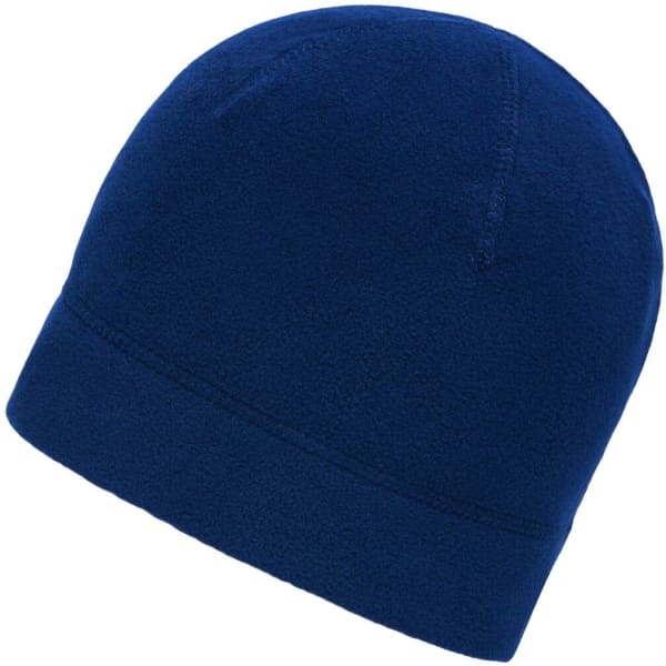 A microfleece beanie in a solid navy blue colour with a smooth, soft texture. It features a simple design and a logo.