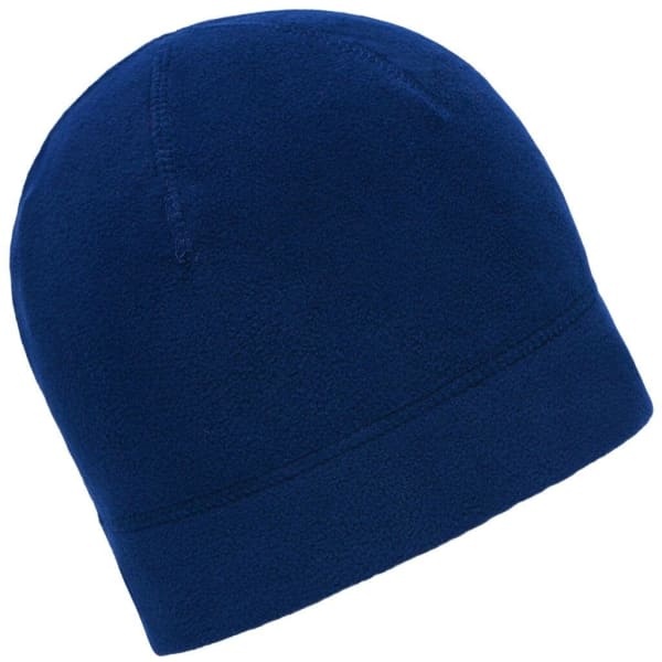 A blue microfleece beanie with a simple, seamless design and a small logo.