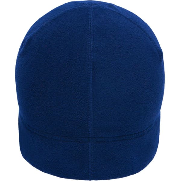 A microfleece beanie in navy blue, featuring a simple design and a branding logo.