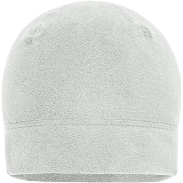 A Microfleece beanie in light grey, featuring a simple design and a smooth texture. It has a small logo on the side.