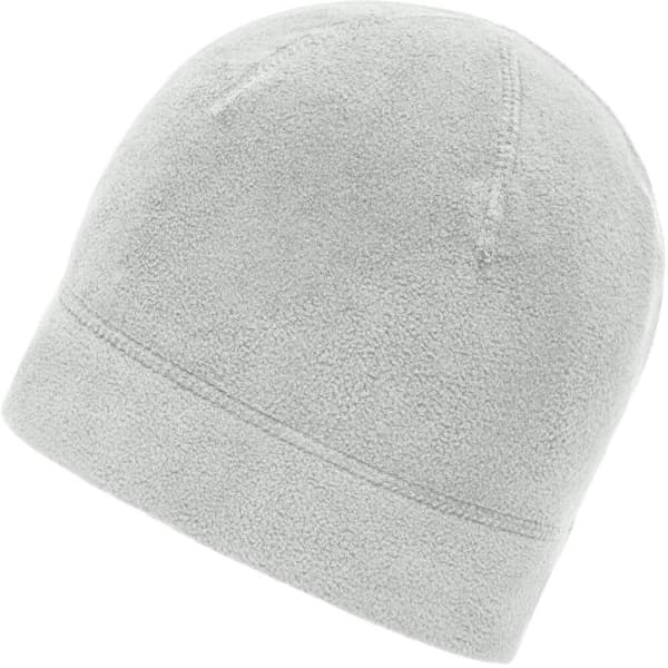 A light grey microfleece beanie with a simple design and a logo. Soft and warm fabric.