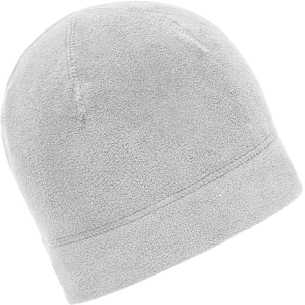 A microfleece beanie in light grey featuring a simple design and a smooth texture. It includes a small logo.