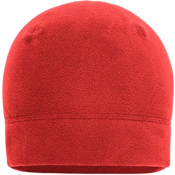A red microfleece beanie with a smooth texture and a simple design, featuring stitching at the base.