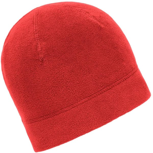 A red microfleece beanie with a simple design and a logo on it.