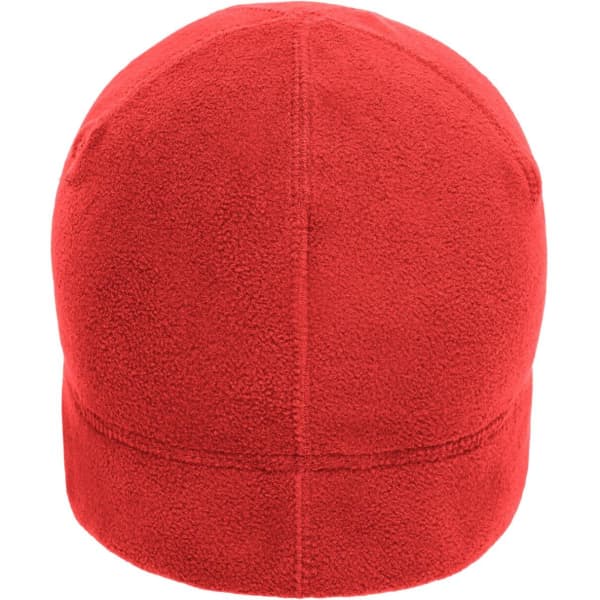 A red microfleece beanie with a simple design, featuring a seamless construction and a logo.