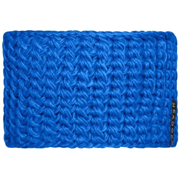 A bright blue crocheted headband with a textured pattern and a small logo tag.