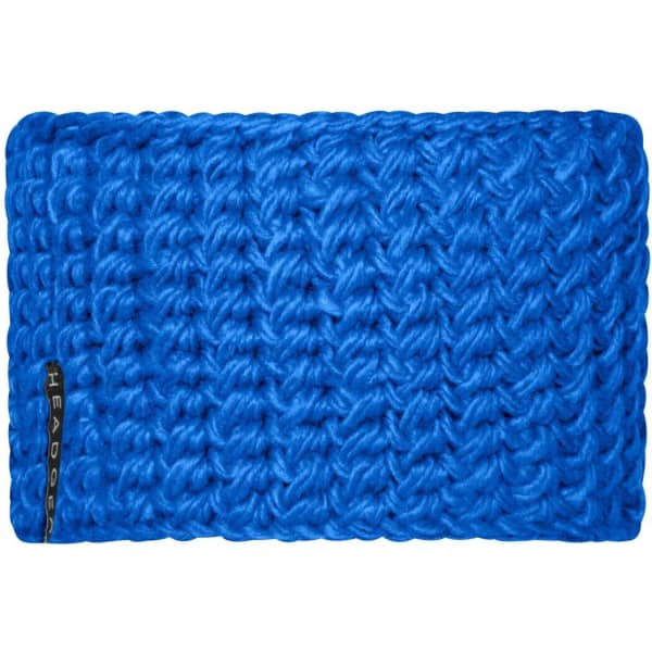 A bright blue crocheted headband with textured stitches and a small logo on the side.