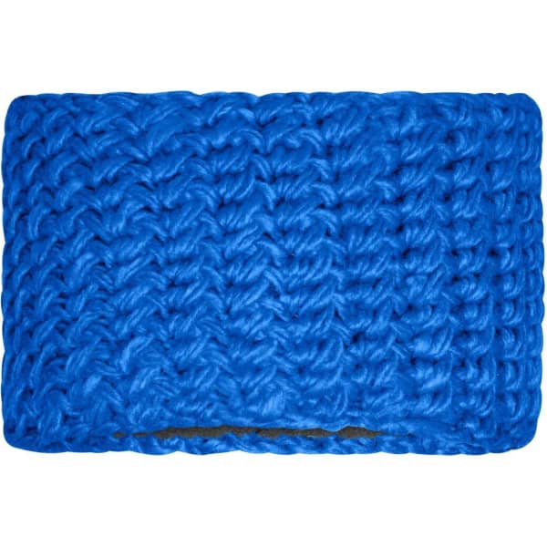 A bright blue crocheted headband with a textured pattern and an inner lining. It features a branding logo.