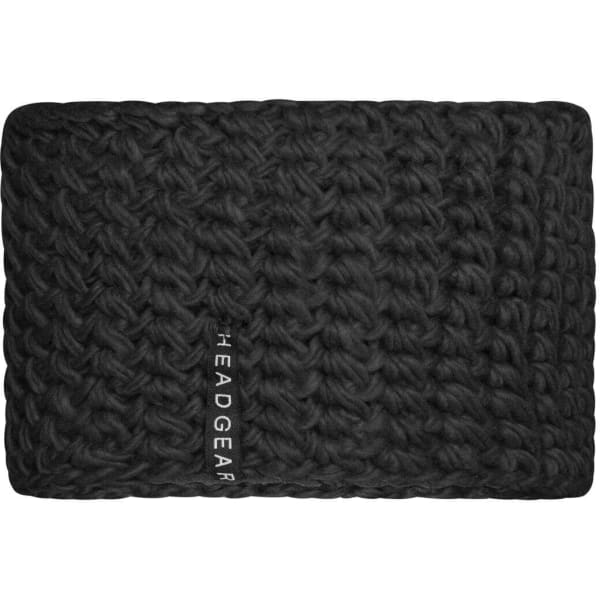 A black crocheted headband with a thick, textured design and a logo on one side.