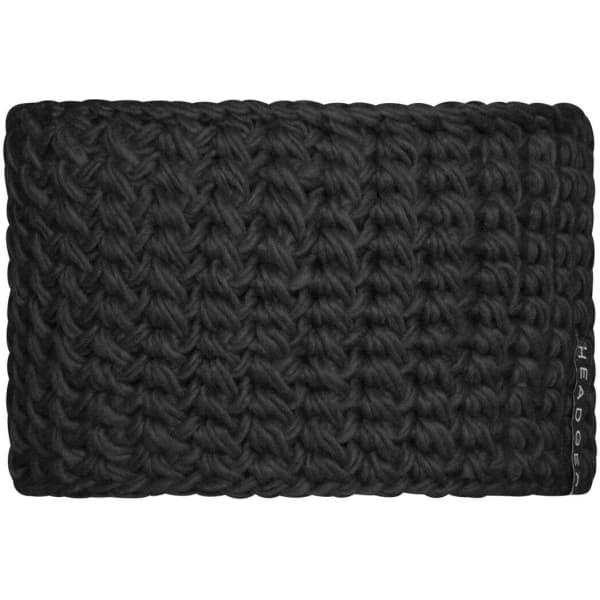 A black crocheted headband with a textured, chunky knit design and a small branding label.