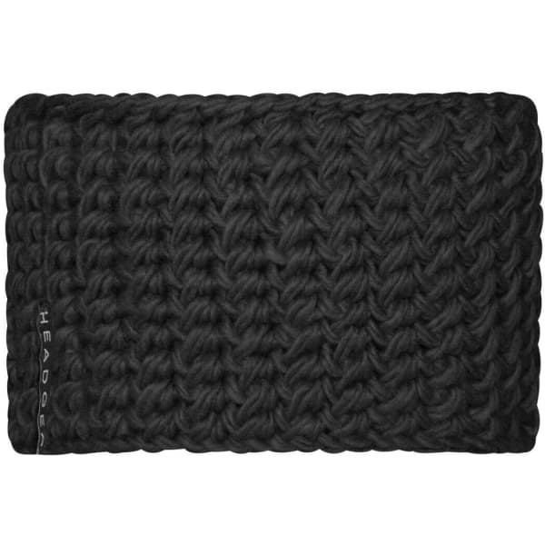 A black crocheted headband with a textured design and a logo on the side.