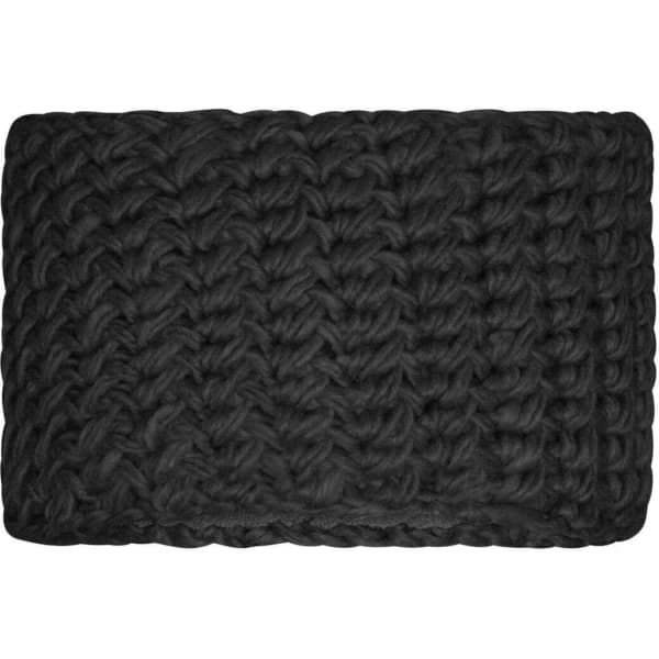 A black crocheted headband with a textured pattern, featuring a subtle branding logo.