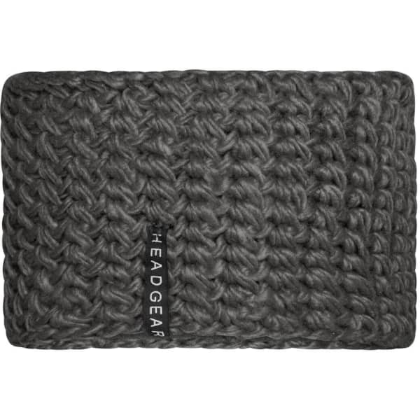 A grey crocheted headband with a textured pattern and a logo on the side.