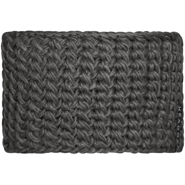 A dark grey crocheted headband with a textured pattern and a small logo on the side.