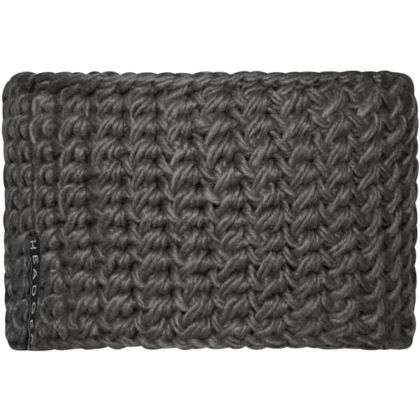 A dark grey crocheted headband with a textured pattern and a discreet logo.