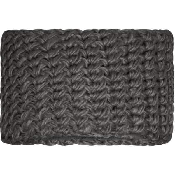 A thick grey crocheted headband, featuring textured knit patterns. The item is soft and warm.