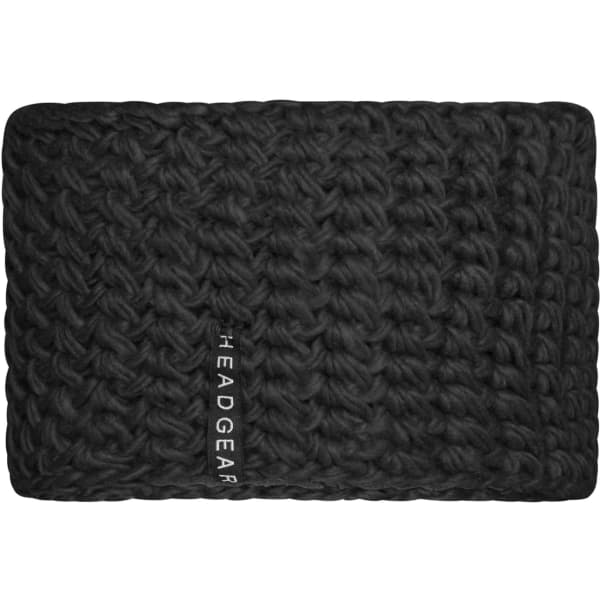 A black crocheted headband featuring a textured design and a logo.