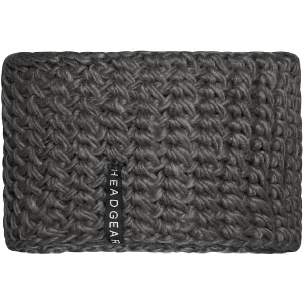 A grey crocheted headband with a textured pattern and a logo on one side.