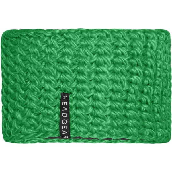 A green crocheted headband featuring a textured pattern and a logo tag on one side.