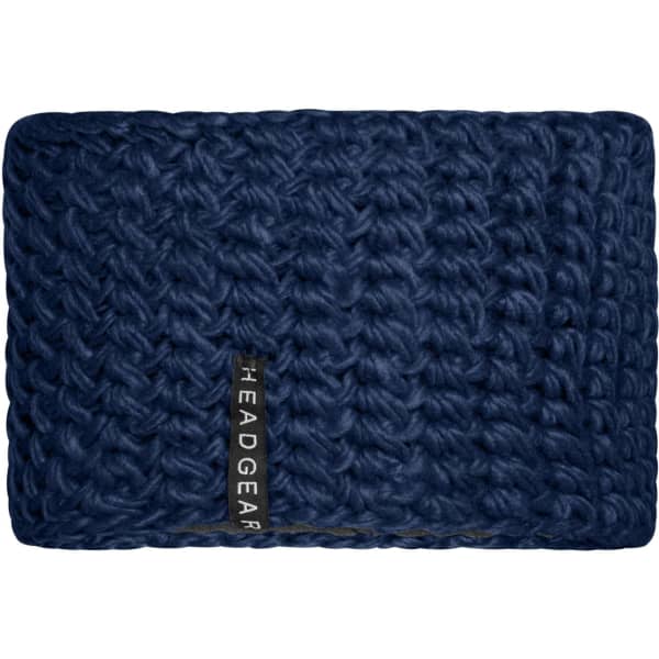 A dark blue crocheted headband with a textured pattern and a logo tag.