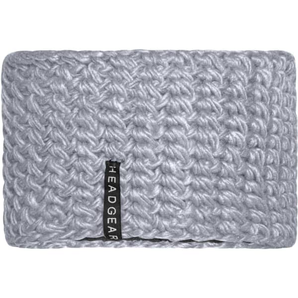 A grey crocheted headband featuring a textured design and a logo tag.