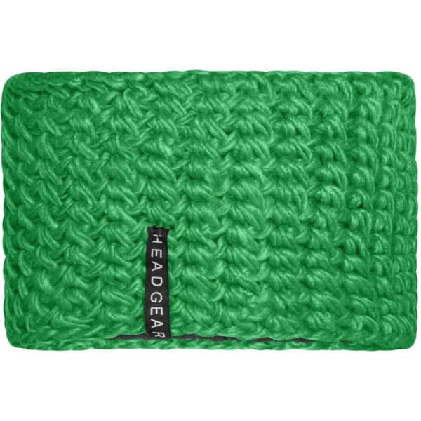 A green crocheted headband with a black logo label, featuring a textured stitch design.