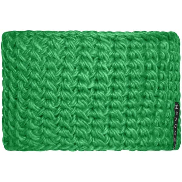 A green crocheted headband with a textured design and a small branding label.