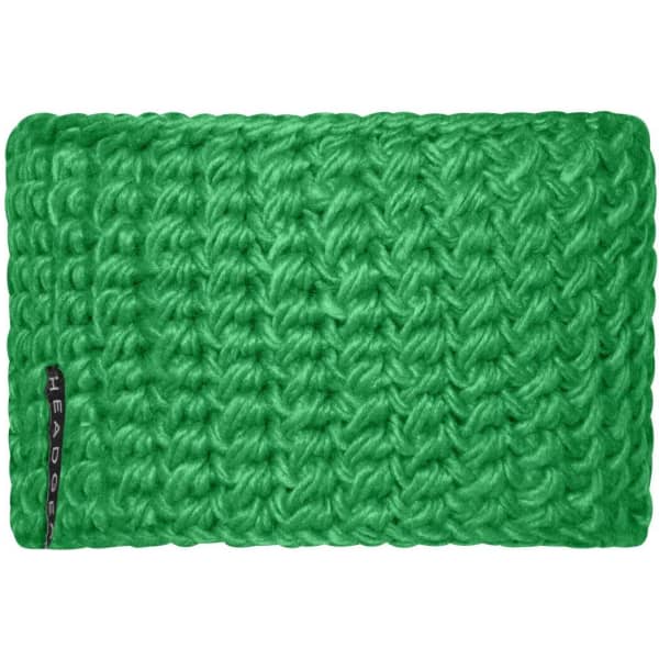 A bright green crocheted headband with a textured pattern and a logo on the side.