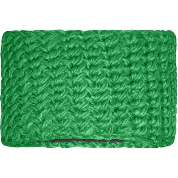 A green crocheted headband featuring a textured design, with a solid colour throughout. Includes a logo.